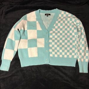 Blue and White Checkered Cardigan